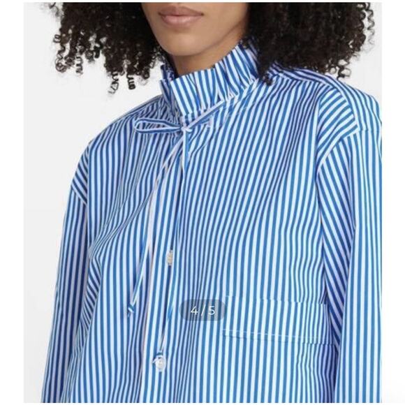 Plan C Plancy Ruffle Collar Striped Poplin Button Up Blouse Size 46 Tunic Y7 - Picture 3 of 9